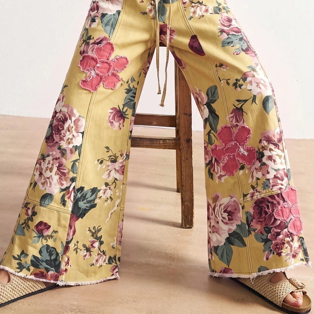 Yellow Floral Print 3D Applique Wide Leg Cotton Jogger Pants
